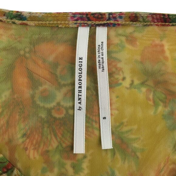 Anthropologie Sheer Mesh Babydoll Henley Top S Chartreuse Floral Balloon Sleeve - Picture 14 of 16